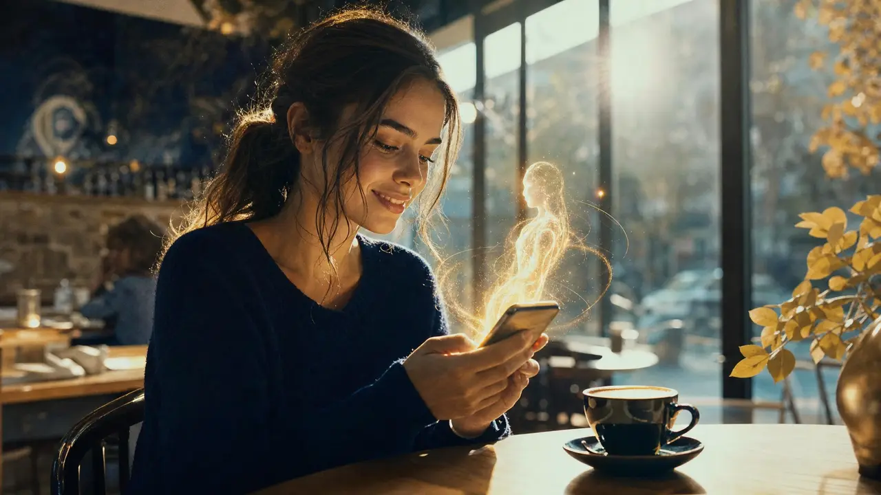 Clienta escribiendo por WhatsApp mientras un asistente de luz dorada le responde al instante desde el móvil