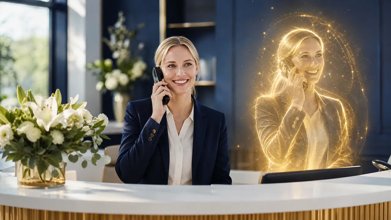 Recepcionista sonriente en un mostrador luminoso mientras un halo de luz dorada atiende otra llamada a su lado
